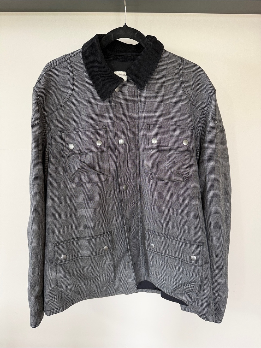 Fossil Men's Gray Plaid Field Jacket with Black Corduroy Collar